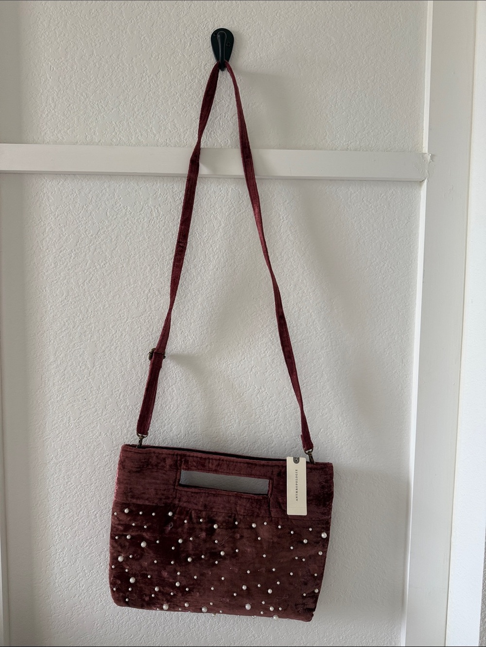 New Anthropologie Velvet Crossbody Bag with Pearl Studs